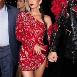 Dundas x Revolve Jett Sequin Embellished One-Shoulder Mini Dress in Red, Small